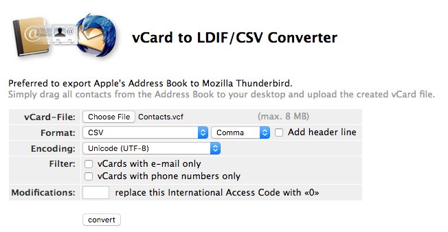 convert vcard to csv
